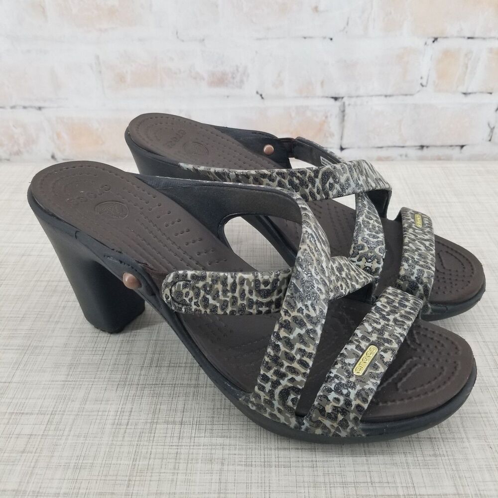 CROCS Cyprus IV Sparkle Leopard Print Pump Heel Sandals Open Toe Women's Size 9